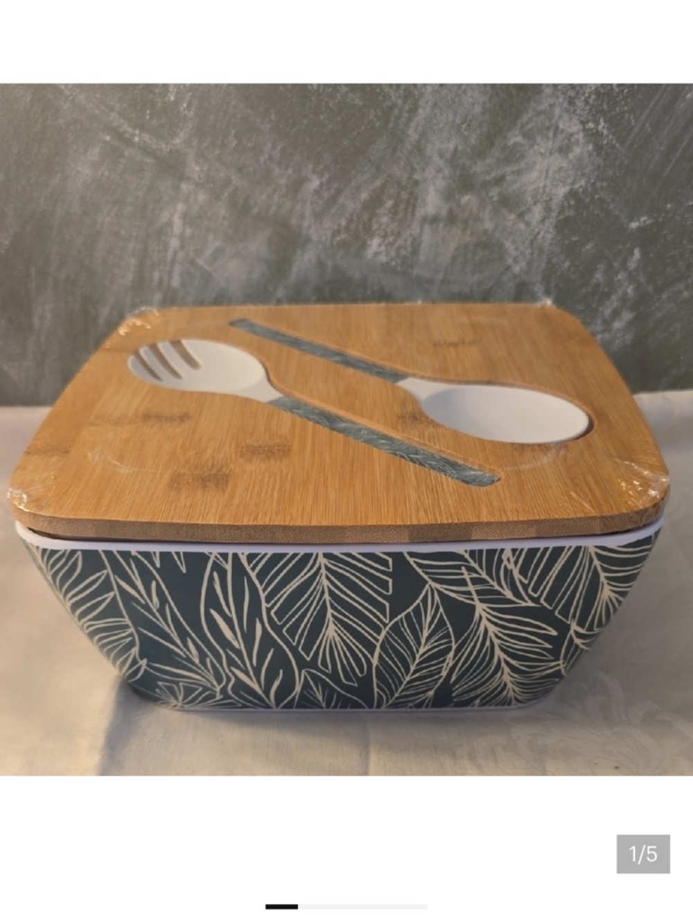 True Living Melamine Serving Bowl Bamboo-Lid Green Leaf with Serving Utensils